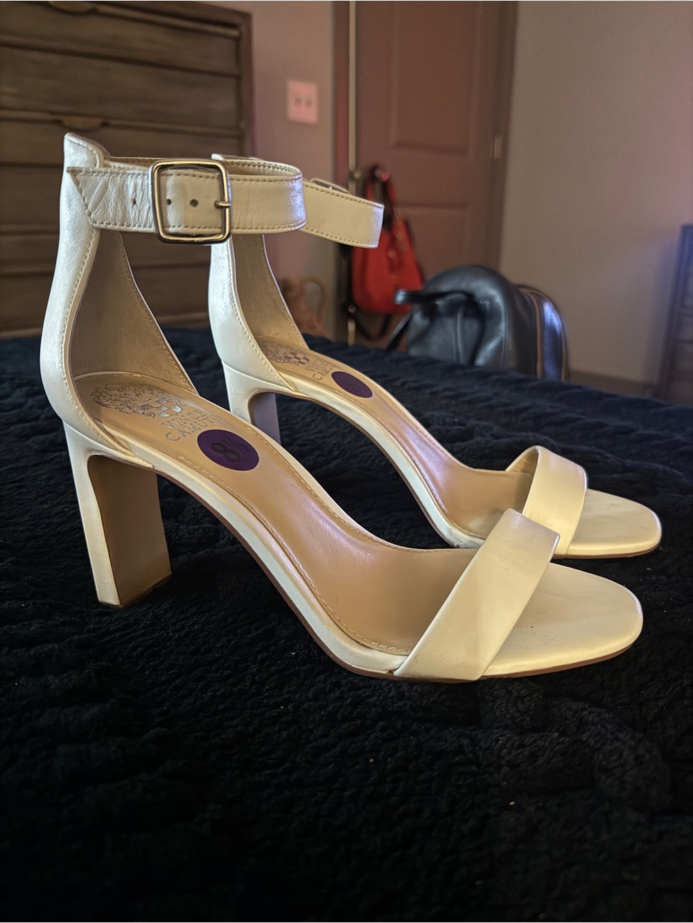 Vince Camuto Cream Ankle-Strap Block Heel Sandals